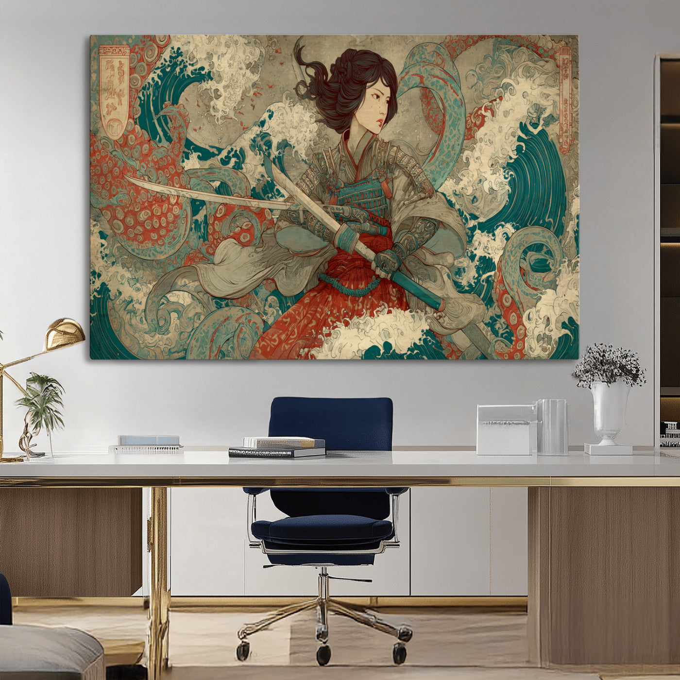 Tsukioka Yoshitoshi Samurai Wall Art Print, Japanese Katana Warrior Canvas Wall Art, Octopus Sea Monster Canvas Print,