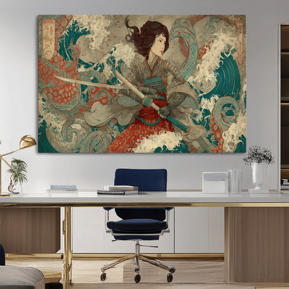 Tsukioka Yoshitoshi Samurai Wall Art Print, Japanese Katana Warrior Canvas Wall Art, Octopus Sea Monster Canvas Print,