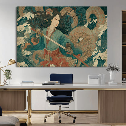Tsukioka Yoshitoshi Samurai Wall Art Print, Japanese Katana Warrior Canvas Wall Art, Octopus Sea Monster Canvas Print,
