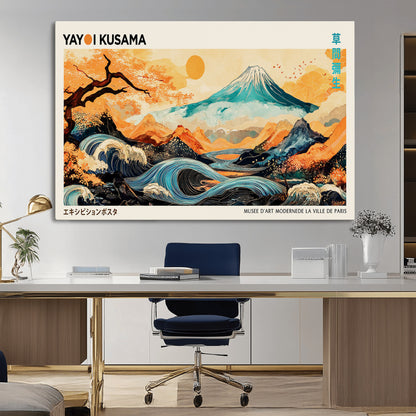 Modern Japanese-style art print featuring a stylized Mount Fuji, flowing waves, and vibrant landscapes in bold colors, inspired by traditional and contemporary aesthetics.
