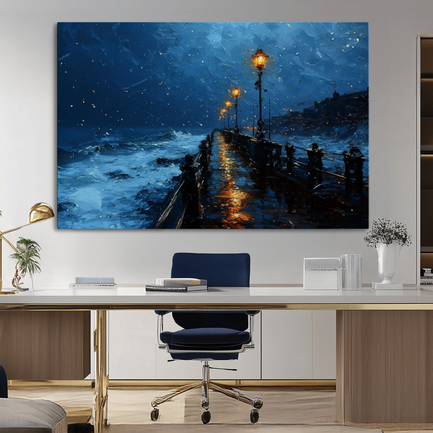 "Impressionistic painting of a rainy pier at night with glowing street lamps reflecting on the wet surface, ocean waves crashing under a dark blue sky."