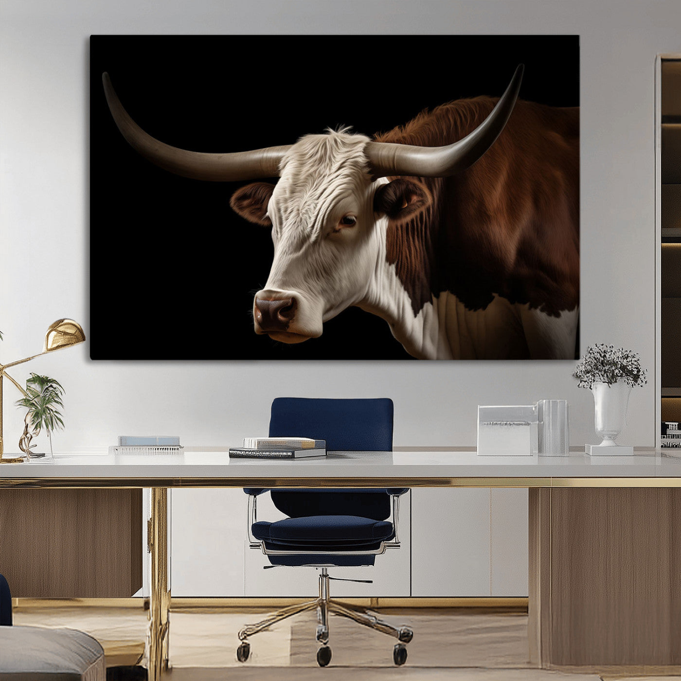 "Close-up of a brown and white longhorn cow with prominent curved horns against a black background."