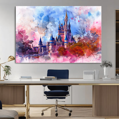 Watercolor canvas of a dreamy Disney-style castle in pastel pink and blue tones, perfect for fairytale or whimsical home decor.
