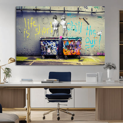 Graffiti-style canvas art with bold text and two naked figures over urban dumpsters, ideal for edgy or street-style decor.