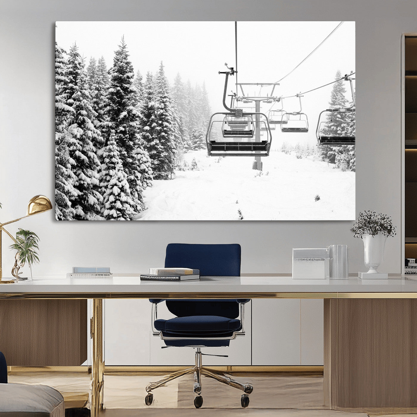 Black and white canvas of empty ski lifts over a snowy pine forest, perfect for minimal winter or ski lodge-inspired decor.