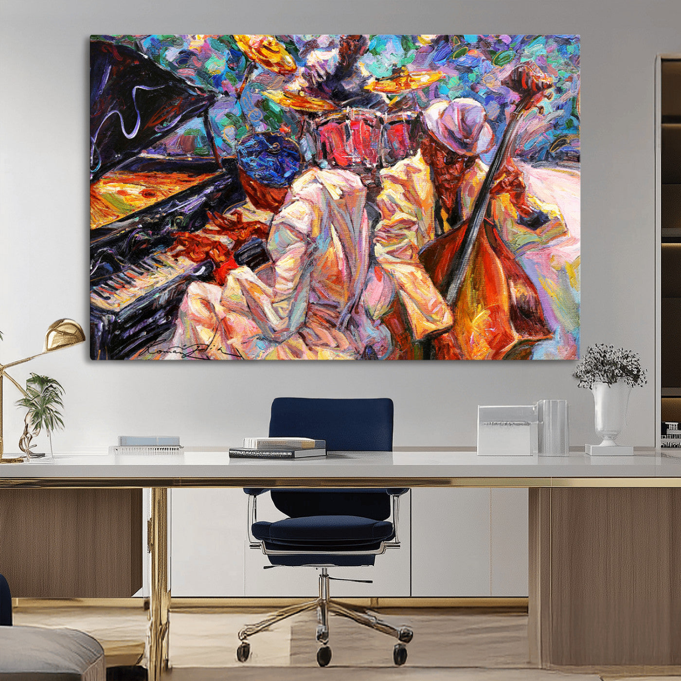 Vibrant oil painting of a jazz band with piano, saxophone, and bass, ideal for colorful and expressive music-themed home decor.