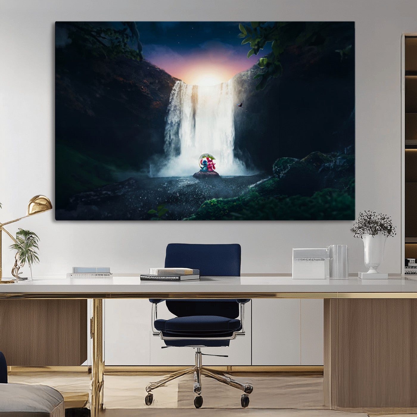 Romantic scene of Stitch and Angel sitting under a leaf in front of a glowing waterfall, ideal for tropical or fantasy-themed decor.