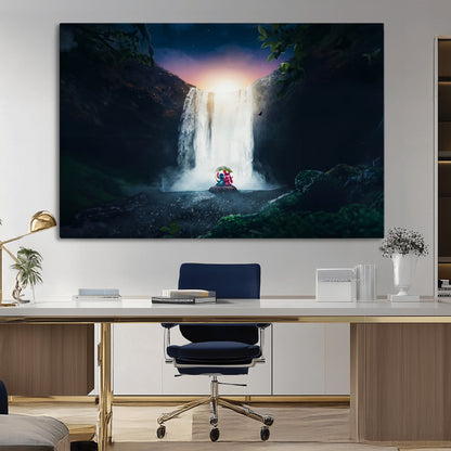 Romantic scene of Stitch and Angel sitting under a leaf in front of a glowing waterfall, ideal for tropical or fantasy-themed decor.
