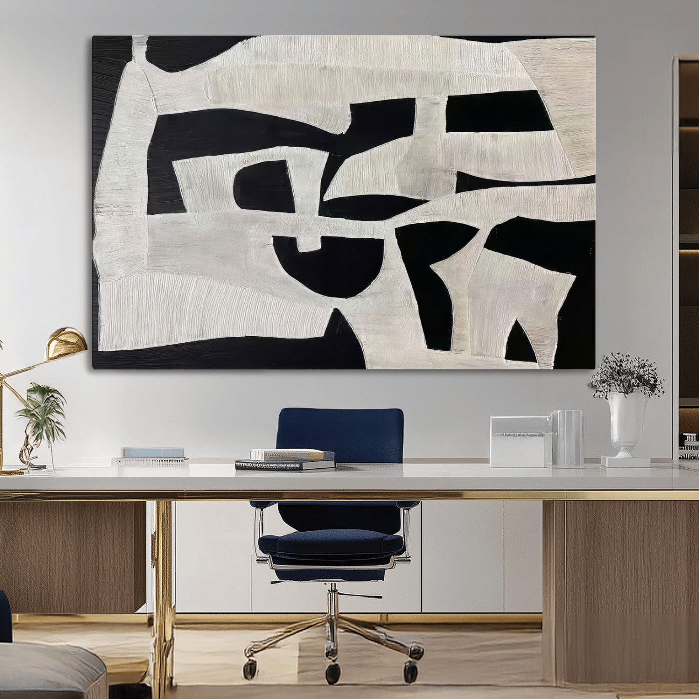 Minimalist black and white canvas featuring bold abstract textures and geometric shapes, ideal for modern neutral decor.