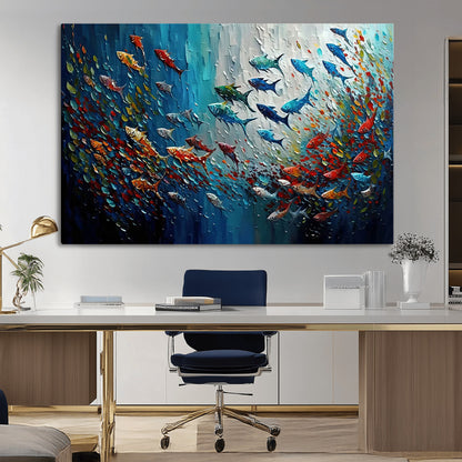 Colorful painting of fish swimming in abstract ocean swirls, perfect for vibrant marine-themed or expressive coastal home decor.