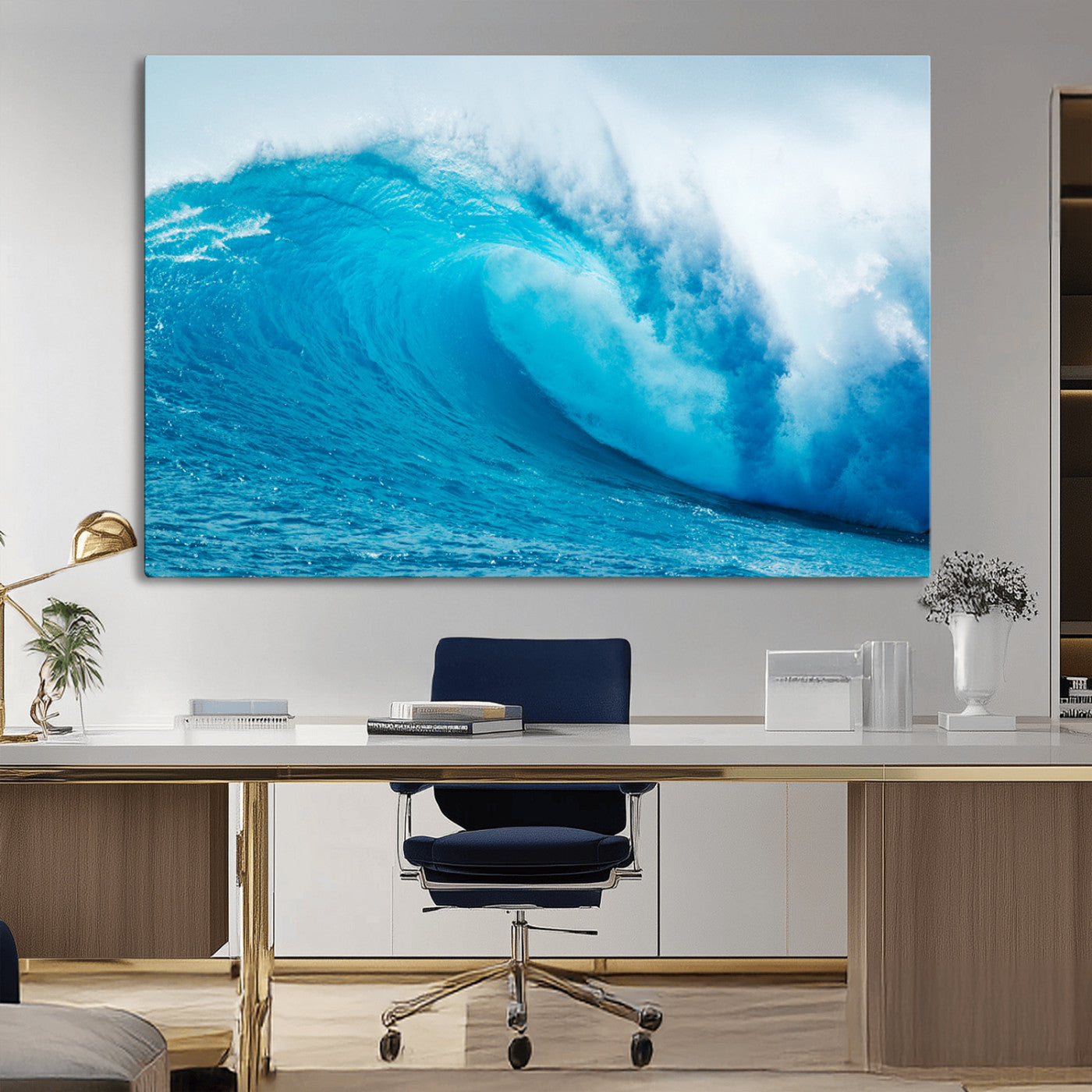 Vibrant canvas of a powerful curling ocean wave in tropical blue tones, perfect for coastal or surf-inspired decor settings.