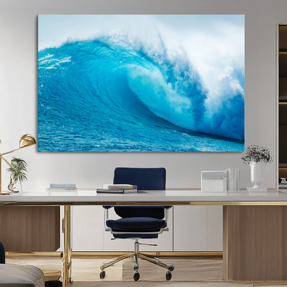 Vibrant canvas of a powerful curling ocean wave in tropical blue tones, perfect for coastal or surf-inspired decor settings.