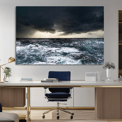 Moody ocean scene with stormy skies and crashing waves, perfect for dramatic or coastal-style home wall decor.