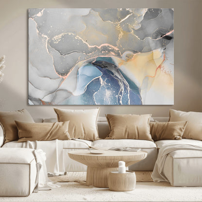 63211-MGV-CV-36X24-Abstract Fluid Art Wall Decor – Blue, Gray & Gold Canvas Print, Modern Home and Office Wall Art Decor for Living Room, Bedroom or Workspace
