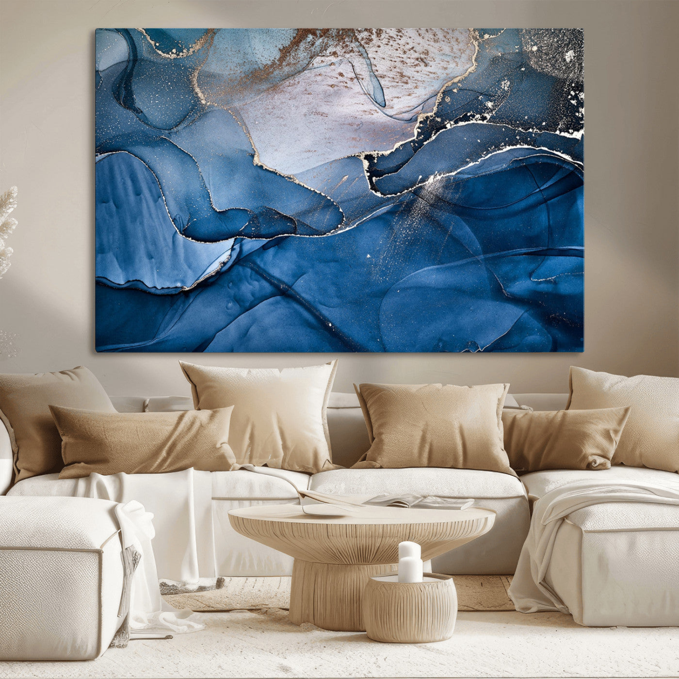 27810-MGV-CV-36X24-Abstract Blue Gold Fluid Art Wall Decor – Modern Canvas Print, Elegant Home & Office Wall Art, Stylish Living Room or Bedroom Decoration