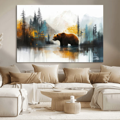 A majestic bear stands by the serene waters of a misty forest, surrounded by towering trees and distant mountains, evoking the raw beauty and wild spirit of nature.