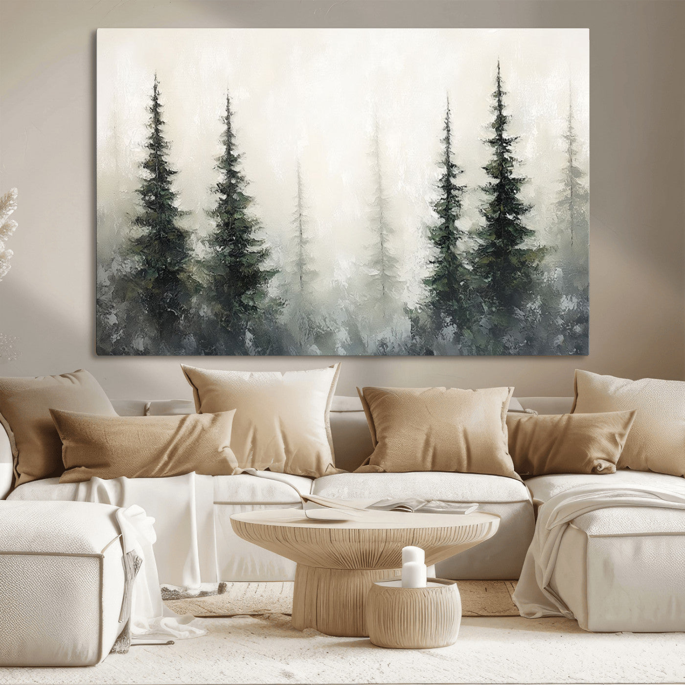 Soft and misty pine forest painting in neutral earthy tones, ideal for calm woodland or minimalist rustic home decor.