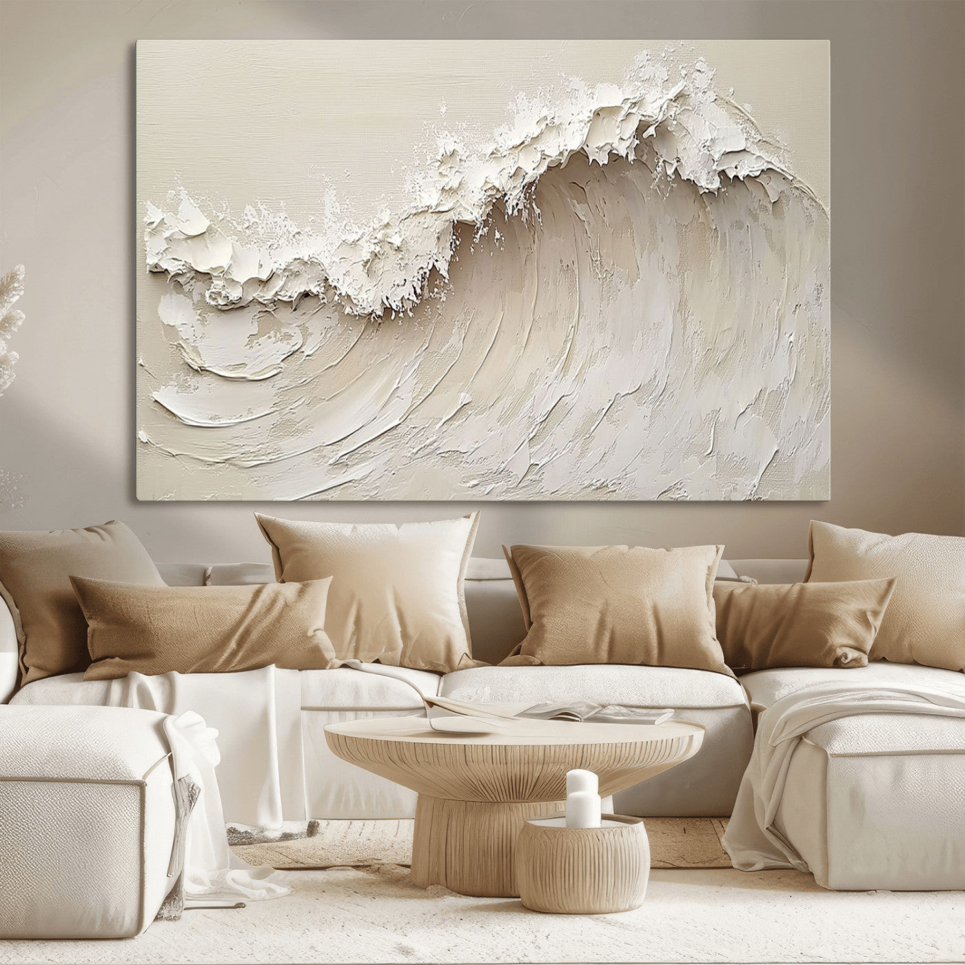 Textured canvas of an abstract white ocean wave in neutral tones, ideal for modern coastal or minimalist home decor.