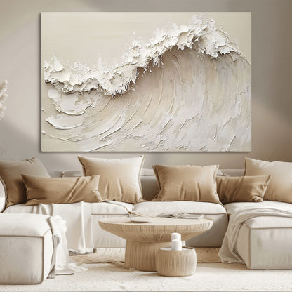 Textured canvas of an abstract white ocean wave in neutral tones, ideal for modern coastal or minimalist home decor.
