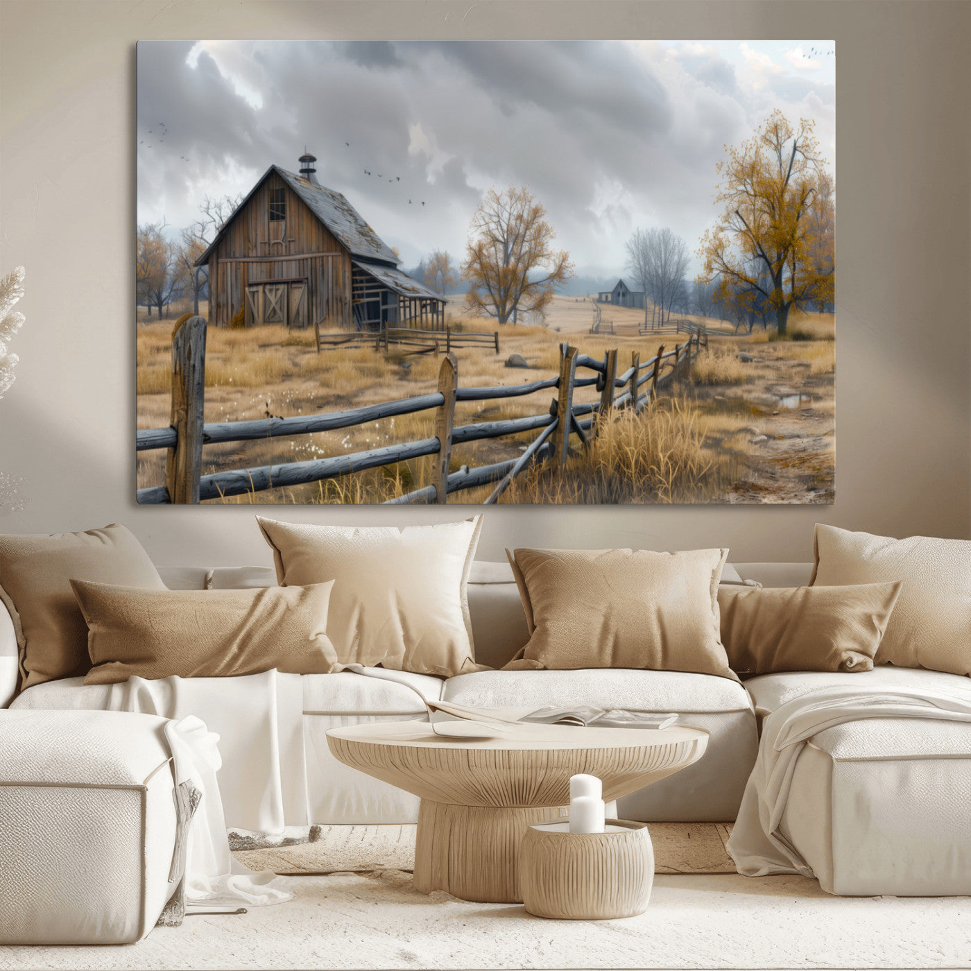 A tranquil rural scene featuring a rustic barn, overcast skies, and golden fields with scattered trees, evoking a sense of peaceful solitude in nature.