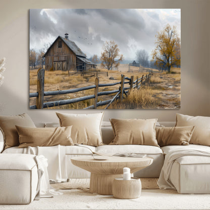 A tranquil rural scene featuring a rustic barn, overcast skies, and golden fields with scattered trees, evoking a sense of peaceful solitude in nature.