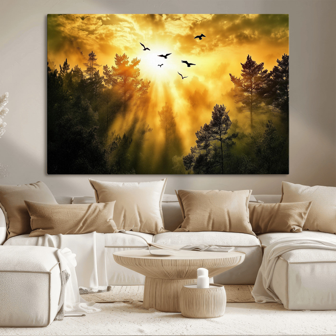 Canvas of a golden forest at sunset with birds flying through glowing sunbeams and silhouetted pine trees, ideal for warm-toned rustic decor.