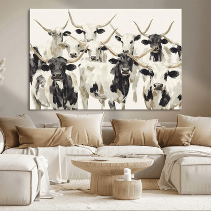 Canvas of a Texas Longhorn cattle herd in neutral black and white tones, ideal for rustic farmhouse or western-themed decor.