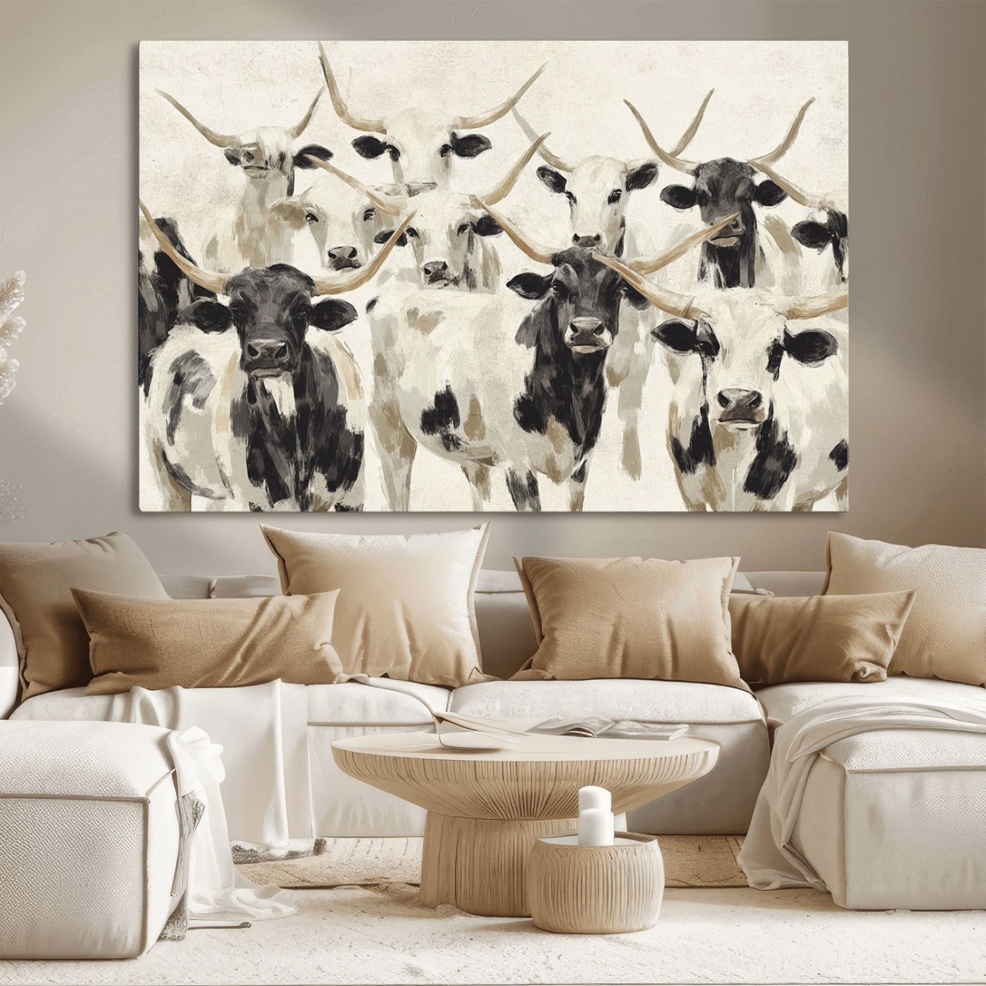 Canvas of a Texas Longhorn cattle herd in neutral black and white tones, ideal for rustic farmhouse or western-themed decor.