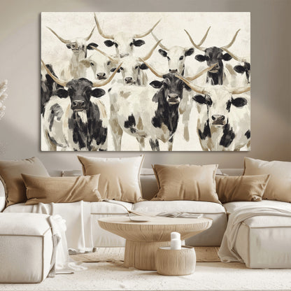 Canvas of a Texas Longhorn cattle herd in neutral black and white tones, ideal for rustic farmhouse or western-themed decor.