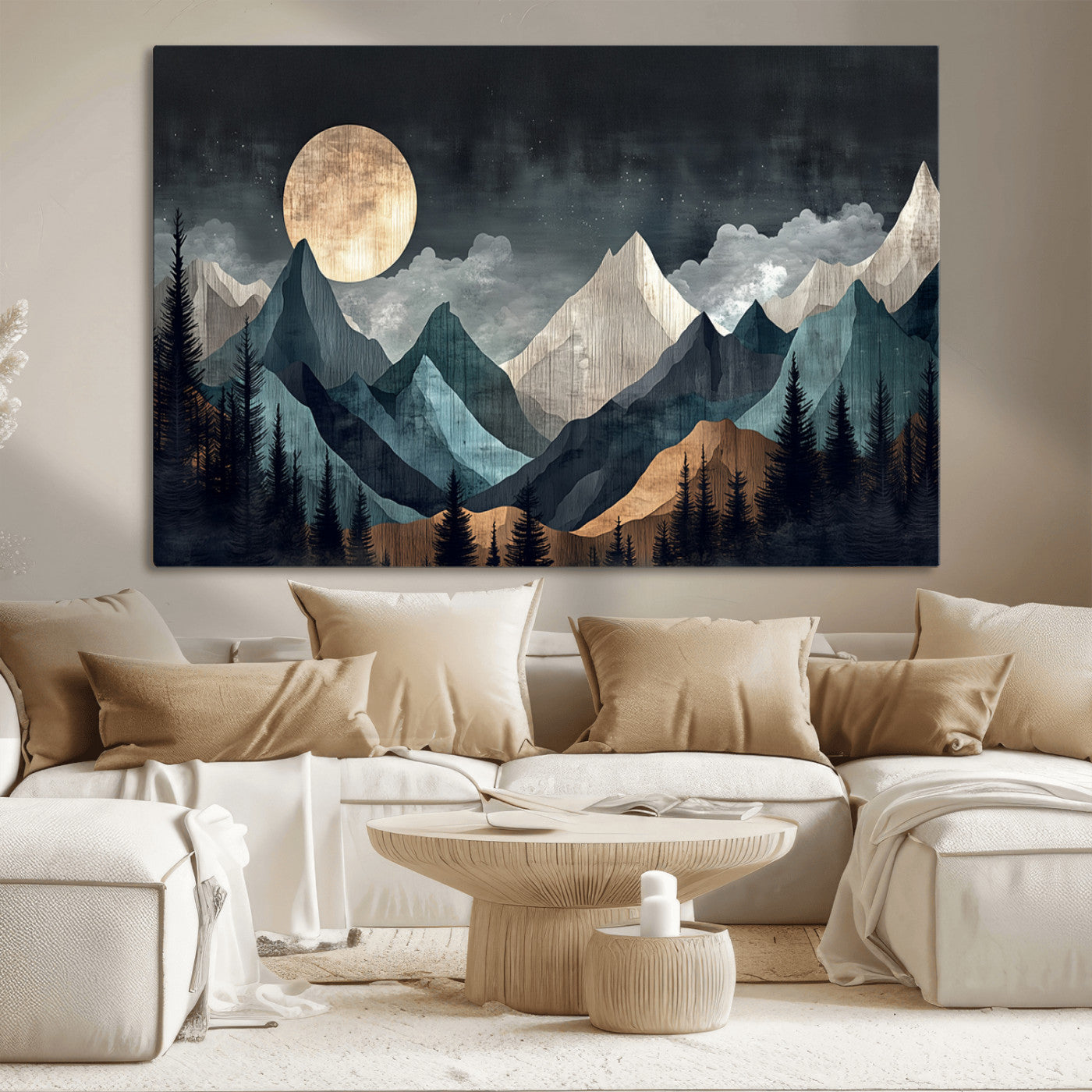 Stylized canvas of layered mountains under a full moon in neutral moody tones, ideal for nature-inspired or modern rustic interiors.
