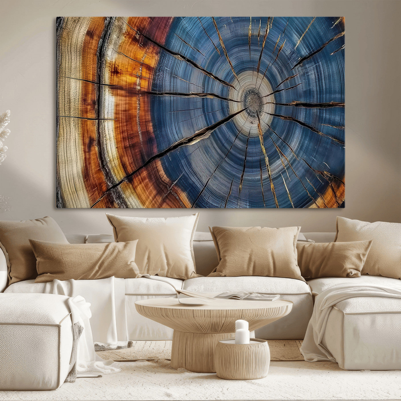 A stunning close-up view of a tree trunk, showcasing the intricate growth rings in a vibrant mix of warm browns, cool blues, and hints of natural texture.