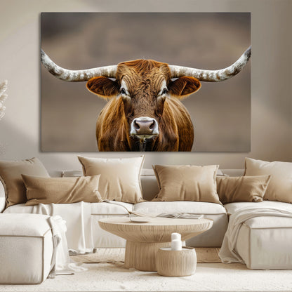 Close-up of a Texas Longhorn with strong curved horns and warm brown tones, perfect for rustic or western-style wall decor.