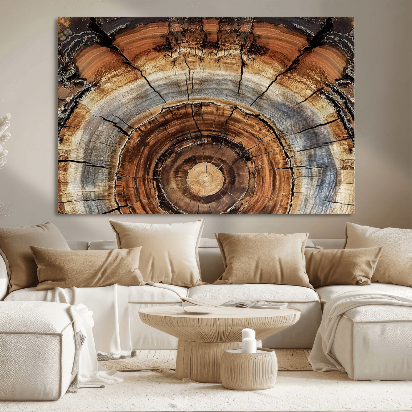 Canvas of tree rings and natural wood grain in earthy tones, ideal for rustic or vintage-inspired home decor with organic textures.
