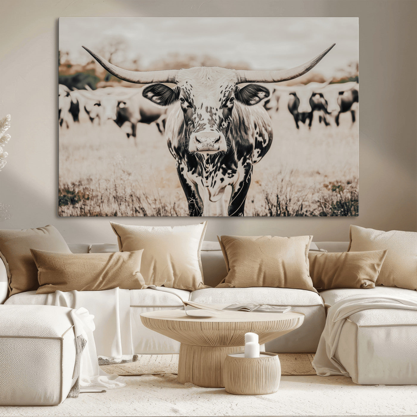 Canvas of a speckled Texas longhorn standing boldly in a field with a herd behind, perfect for rustic western or farmhouse wall decor.