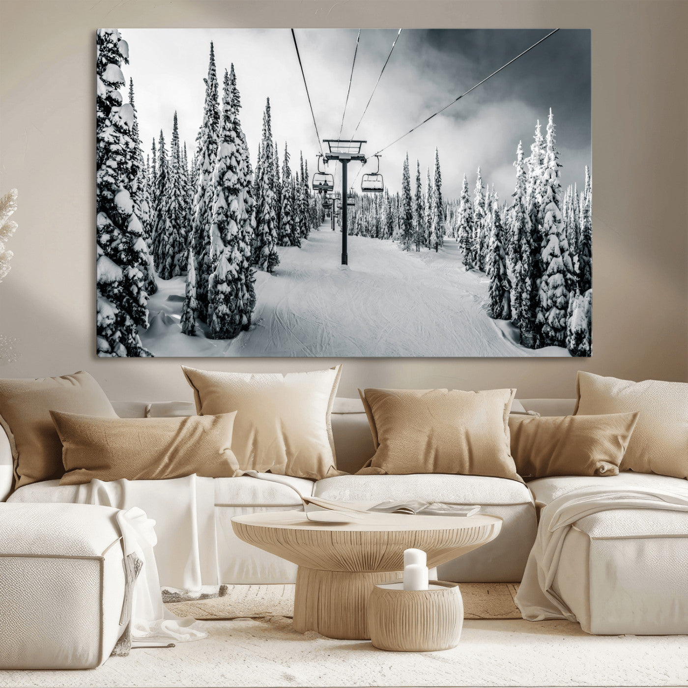 Canvas of a snowy ski lift scene through a forest of tall pine trees, ideal for moody winter or alpine-themed home decor.