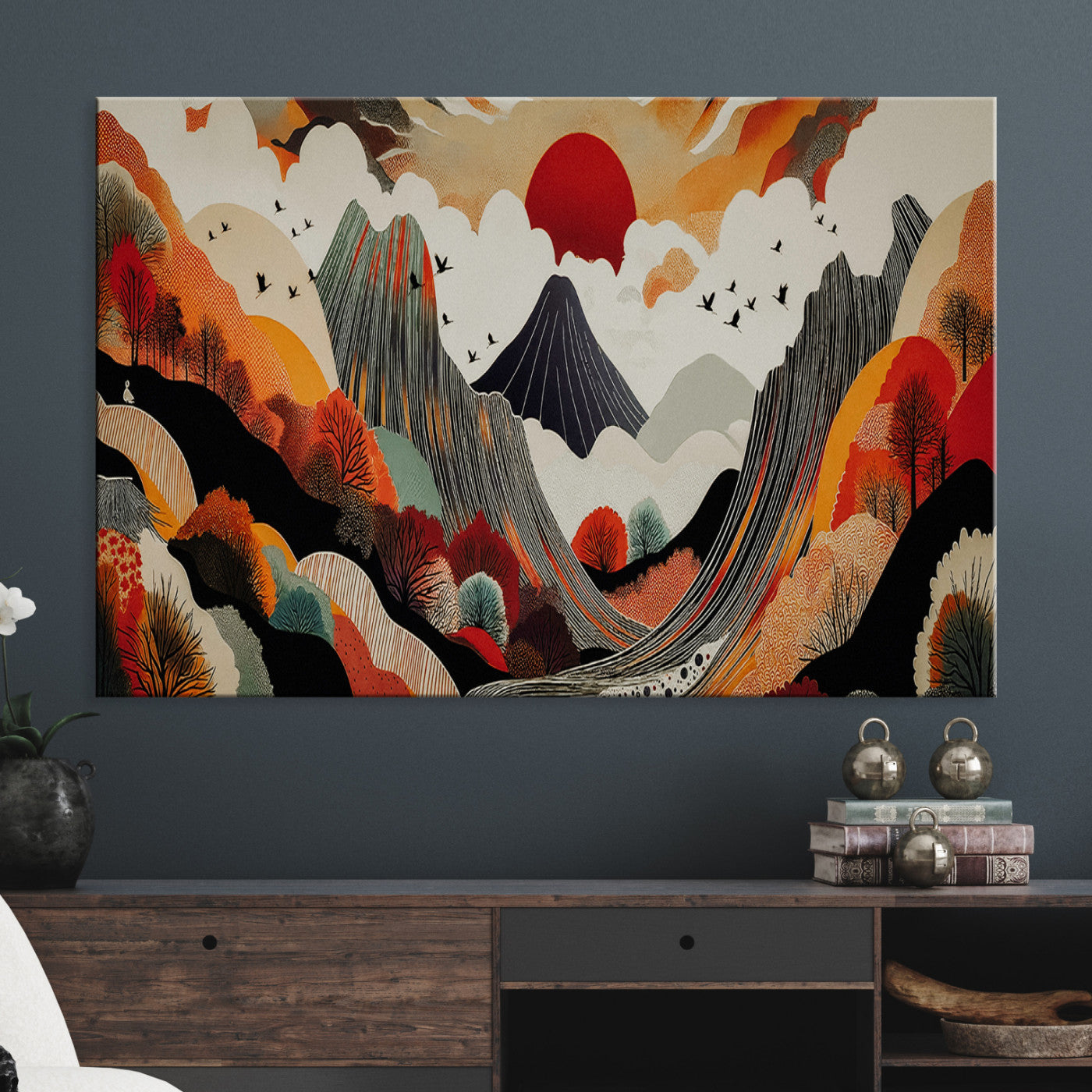 Abstract Mountain Wall Art Canvas Print, Vibrant Landscape Print, Framed Stylized Nature Drawing Art Print, Large Sunset Mountains Printing Perfect for Contemporary Minimalist Decor