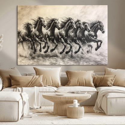 Monochrome drawing of a herd of galloping horses, perfect for dynamic and wild-themed decor in any equestrian or nature-inspired room.
