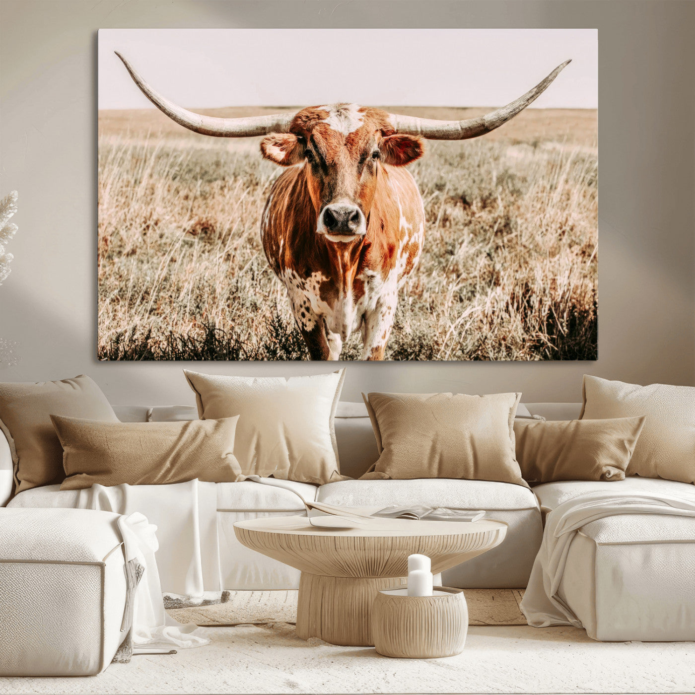 Framed longhorn cow canvas wall art with rustic prairie background, western animal print perfect for farmhouse or ranch style decor