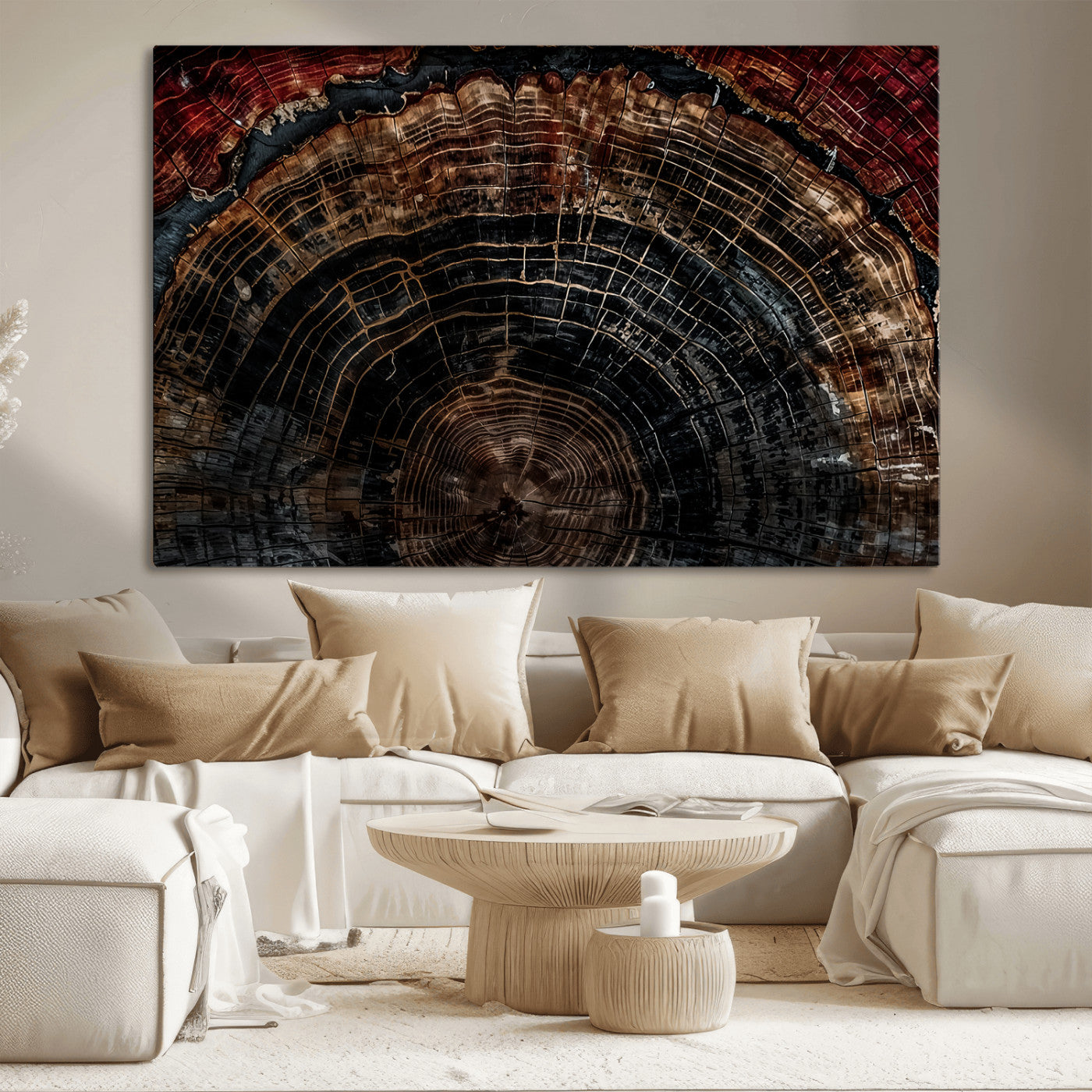 Dark Wood Wall Art Print - Petrified Tree Canvas Print, featuring an intricate tree ring pattern with deep earthy tones and organic textures, perfect for rustic and nature-inspired decor.