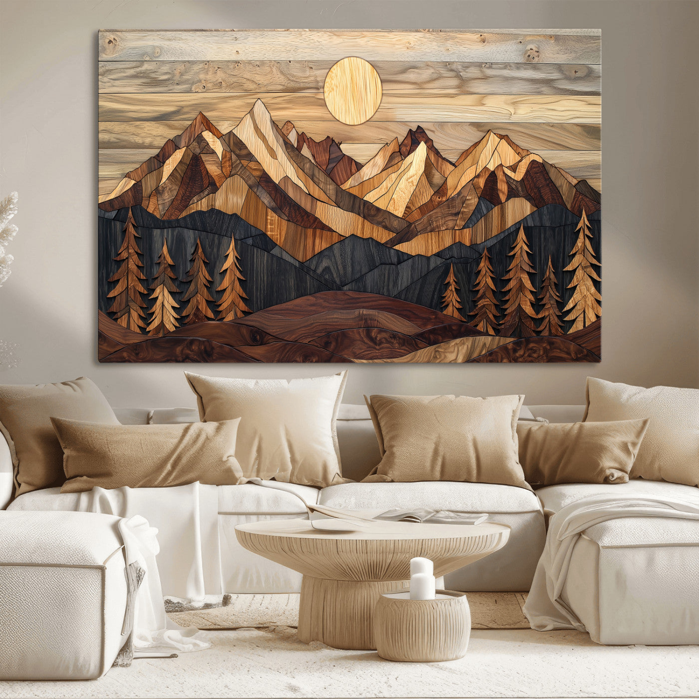 Mountain Landscape Wall Art Print - Sunset Hills Canvas Print, featuring an abstract nature scene with earthy tones and misty peaks, perfect for boho and modern decor.