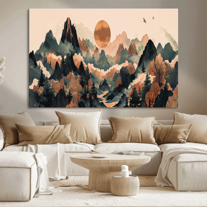 Mountain Landscape Wall Art Print - Sunset Hills Canvas Print, featuring an abstract nature scene with earthy tones and misty peaks, perfect for boho and modern decor.