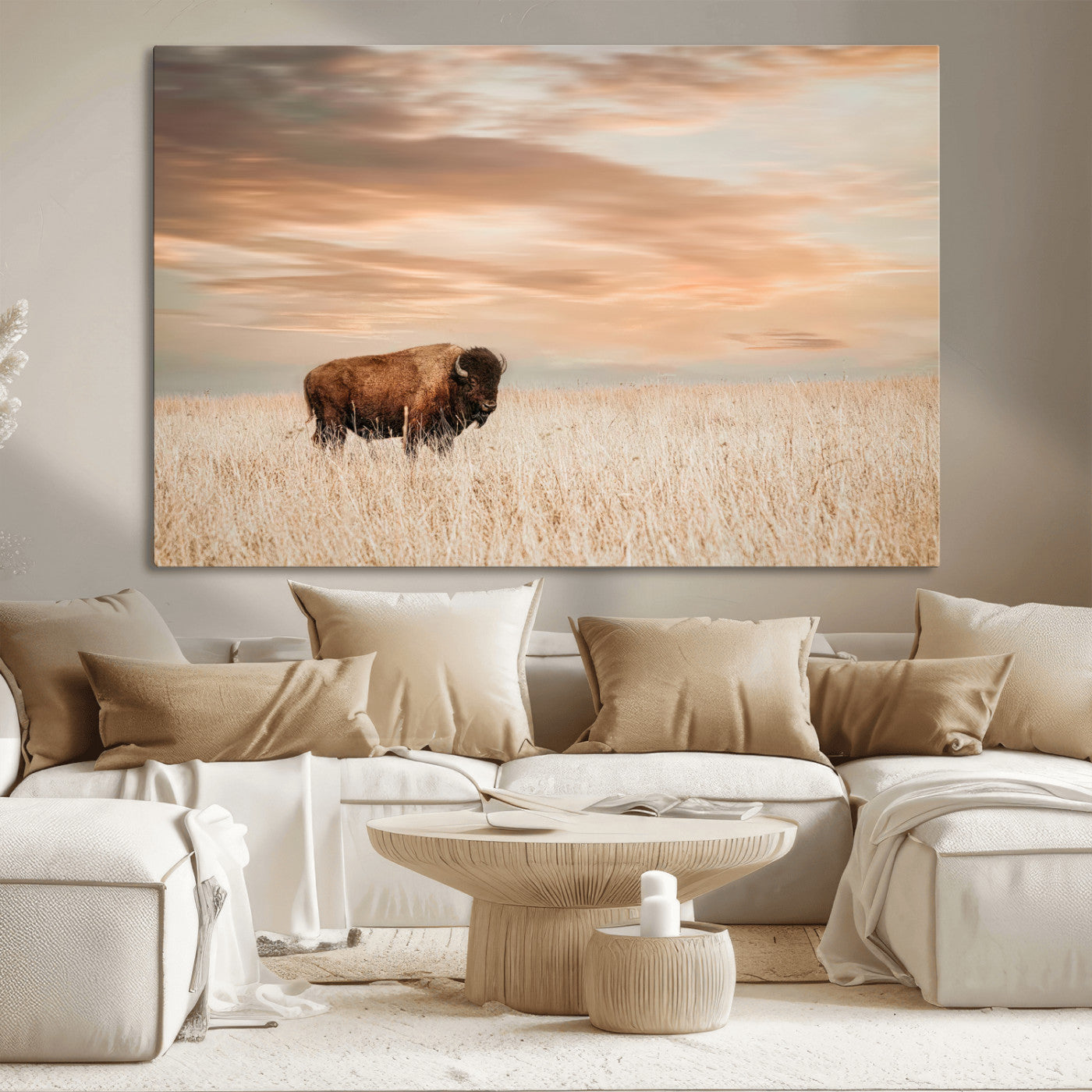 Bison Wall Art Print - Buffalo Canvas Print, featuring a lone bison in a golden prairie under a warm sunset sky, perfect for rustic and farmhouse decor.