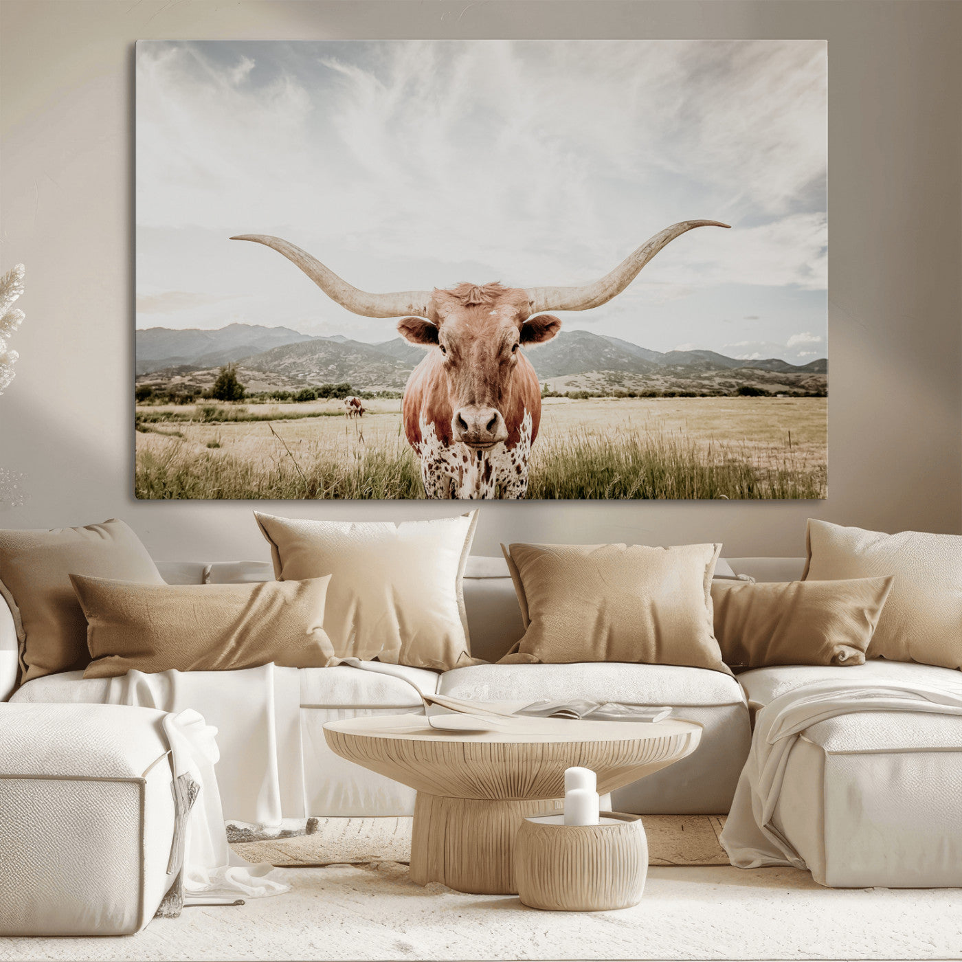 Longhorn Wall Art Print - Western Cow Canvas Print, featuring a majestic Texas longhorn in a rustic prairie setting, perfect for farmhouse and western decor.