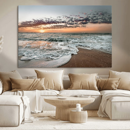 Ocean Sunset Wall Art Print - Beach Waves Canvas Print, featuring a serene seascape with golden sunlight reflecting on gentle waves, perfect for coastal and minimalist decor.