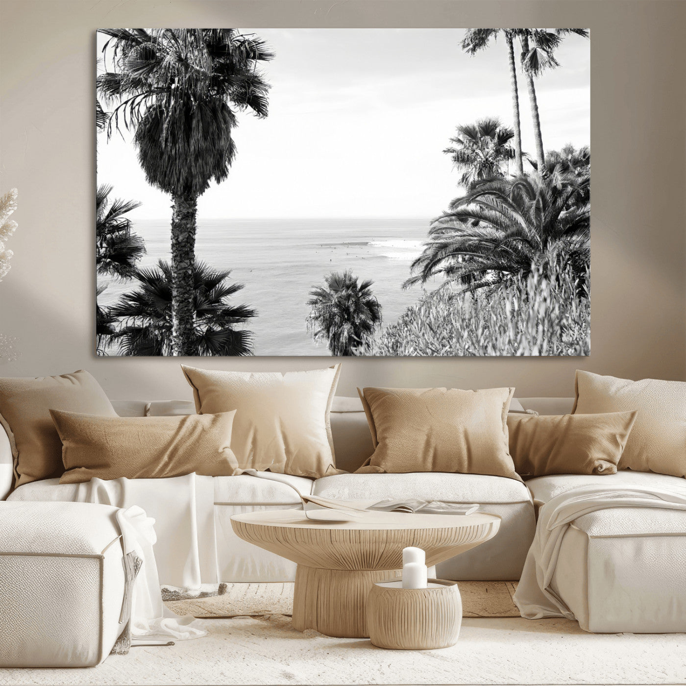 Monochrome canvas of palm trees framing a coastal surf scene, perfect for California-inspired or retro black-and-white beach decor.