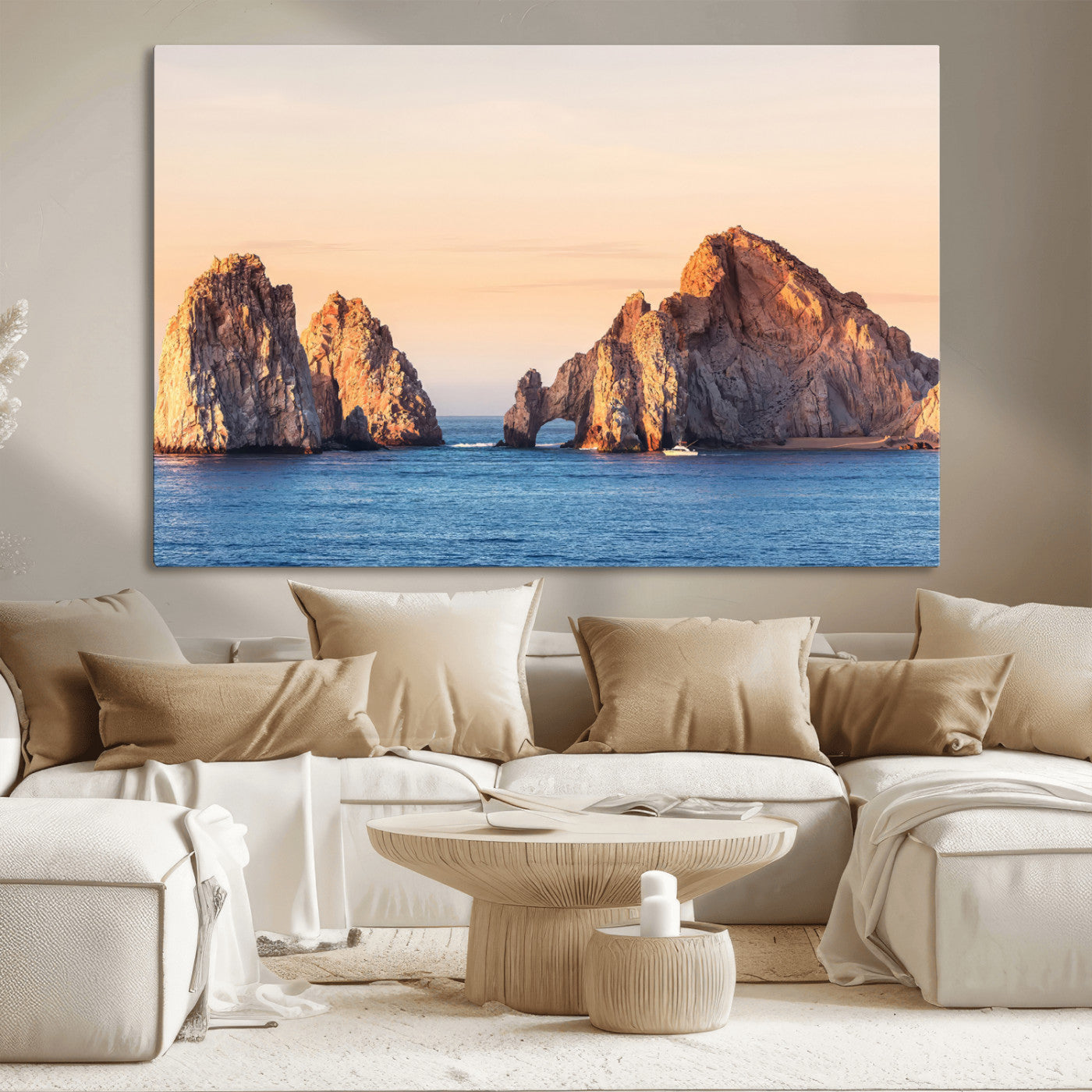 Framed canvas of El Arco rock formation in Cabo San Lucas at golden hour, ideal for coastal landmark or ocean-inspired decor.