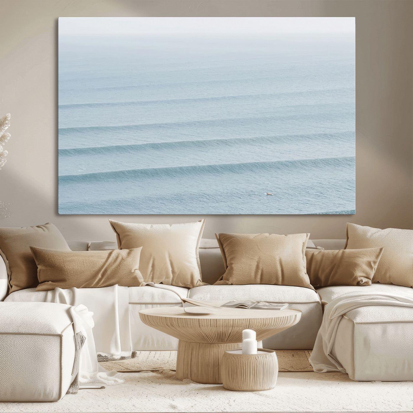 Framed canvas of repeating ocean waves with a distant solo surfer, ideal for minimalist ocean or calm coastal wall decor.