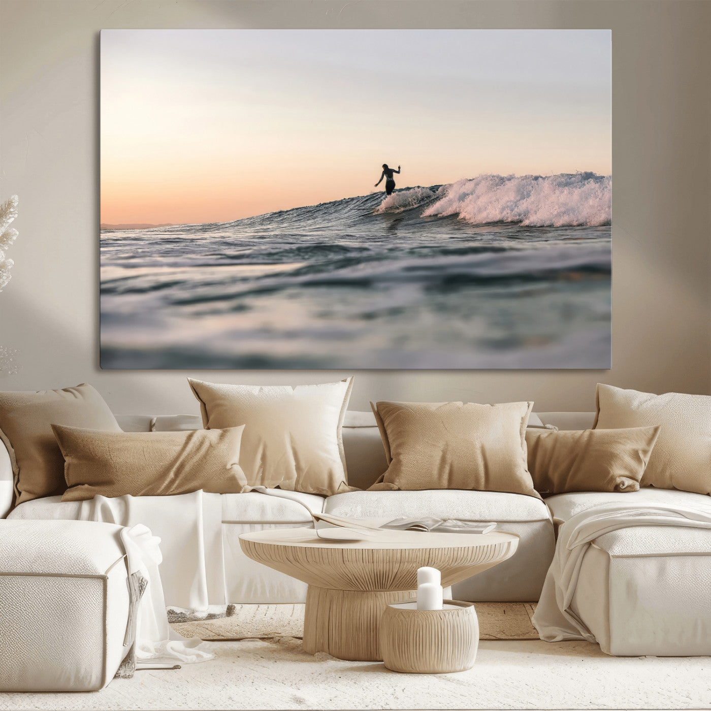 Framed canvas of a female surfer balancing on a wave at sunset, perfect for serene surf or ocean-inspired coastal decor.