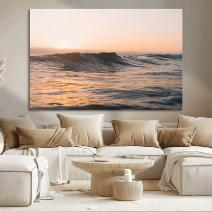 Framed canvas of ocean waves glowing in sunset light, ideal for golden hour calm or peaceful coastal-inspired wall decor.