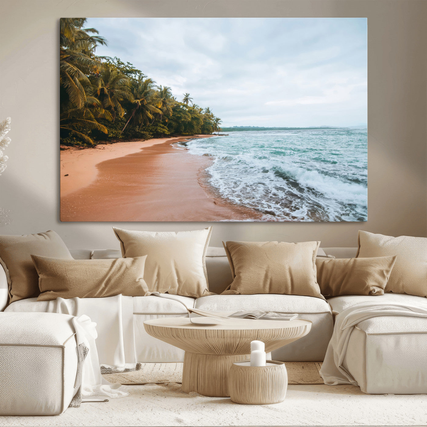 Framed canvas of a tropical beach with palm trees and soft waves, ideal for coastal escape or serene nature-inspired home decor.